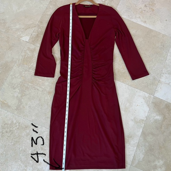 Roberto Cavalli V Neck Burgundy Gathered Accents Midi Sheath Dress - Picture 7 of 11